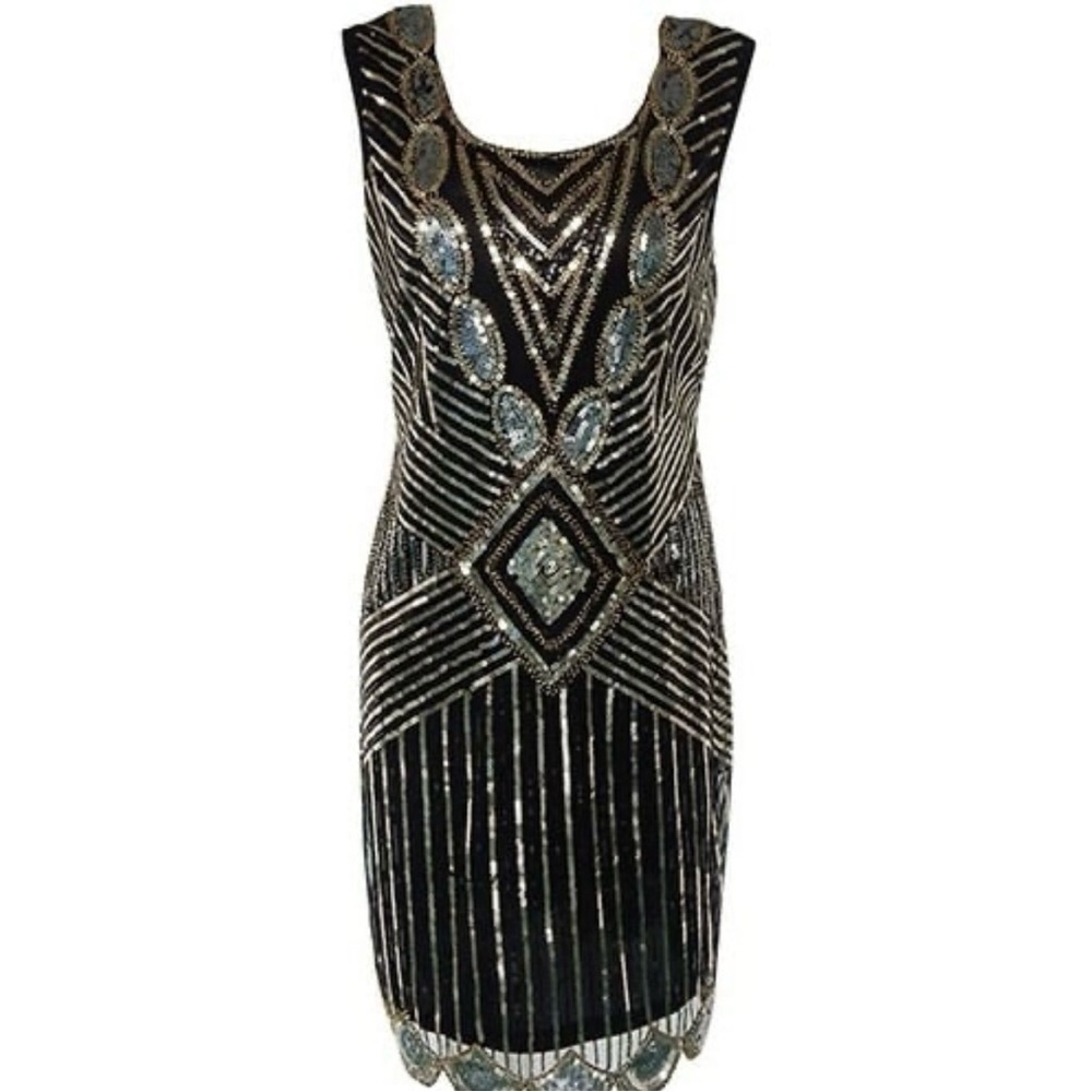 Black and Gold Sheath Midi Dress for Cocktail Nights size XL Stretchy fabric